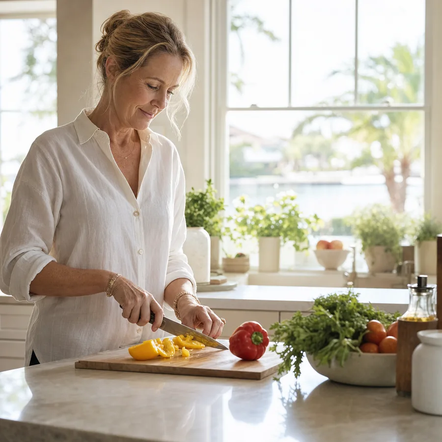 A woman preparing fresh vegetables in a bright kitchen with morning light behind her