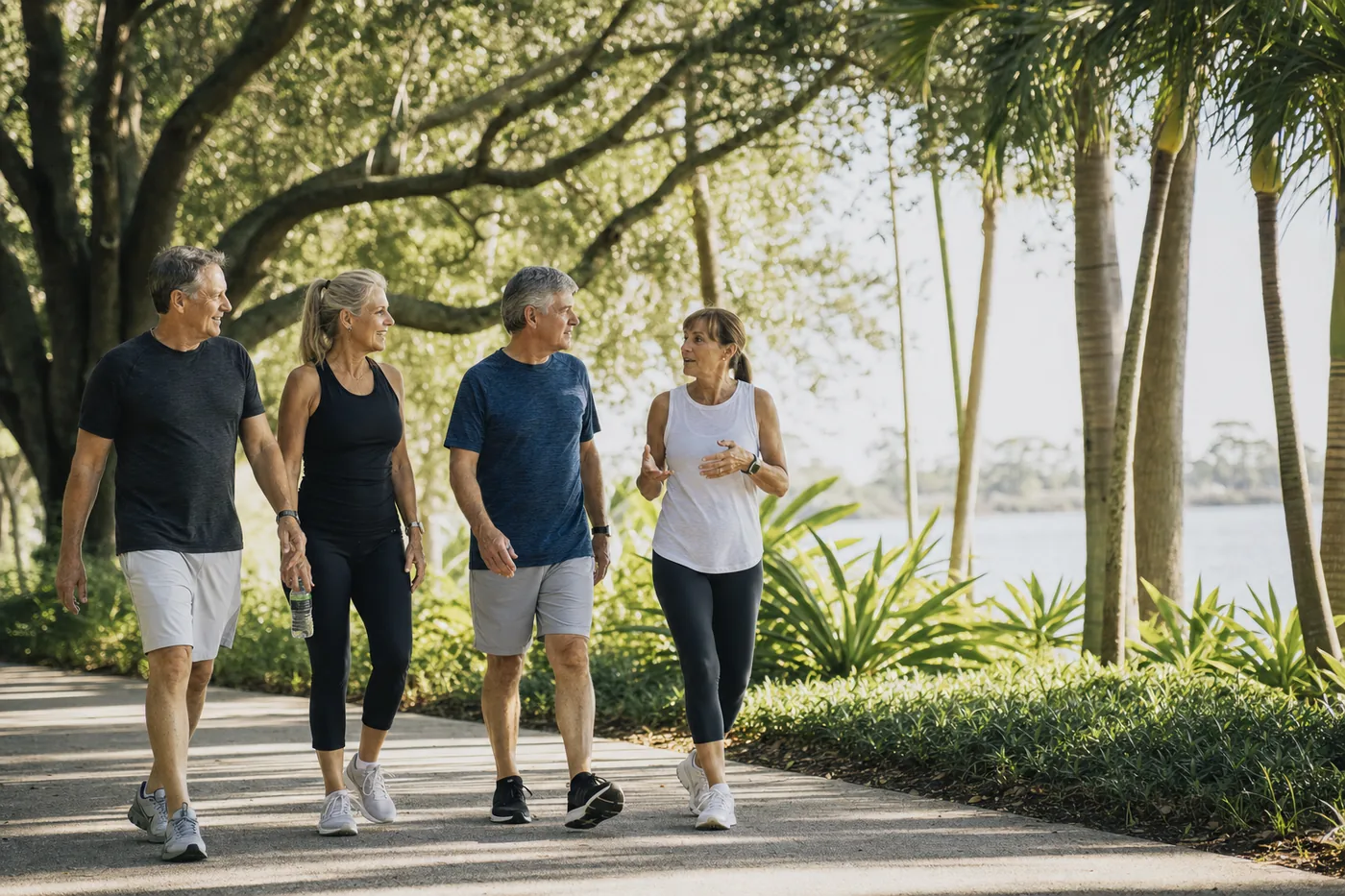 Four adults walking and talking together on a shaded park path in Southwest Florida