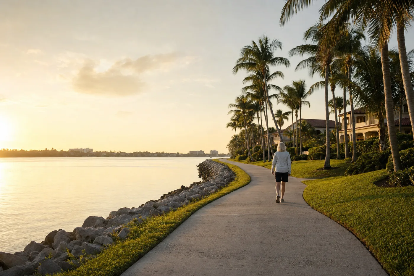 A woman walking a curving waterfront path at sunrise in Southwest Florida